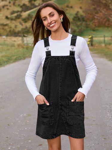 BerryGo Women's Denim Overall Dress Jean Sleeveless Romper 2024 Mini Pinafore Dress Shorts Jumper Dress With Pocket Black S