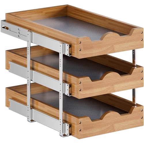 OCG 2 Tier Pull Out Drawers For Cabinets, Double Tier Slide out Wood Cabinet Organizer, Pull Out Shelves for Base Cabinet Organization in Kitchen, Pantry, Bathroom