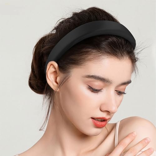 SuPoo Padded Headbands Black Headbands for Women Soft Thick Hairbands 1.1 inch Preppy Head Band Non Slip Fashion Satin Silky Hair Band Hoop Trendy y2k Hair Accessories diademas para mujer de moda