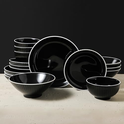 Christian Siriano Lustra Modern 16-Piece Stoneware Dinnerware Set, Plates and Bowls Set, Dinner and Salad Plates, Ramen Bowls, Dish Set for 4, Black