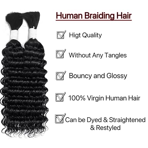 Deep Wave Bulk Human Hair Braiding Hair 100 percent Human Hair Unprocessed Brazilian Virgin Hair for Human Hair Extensions 2 Braids Per of 1 pack 100g 20 Inch Human Hair for Micro braiding No Weft