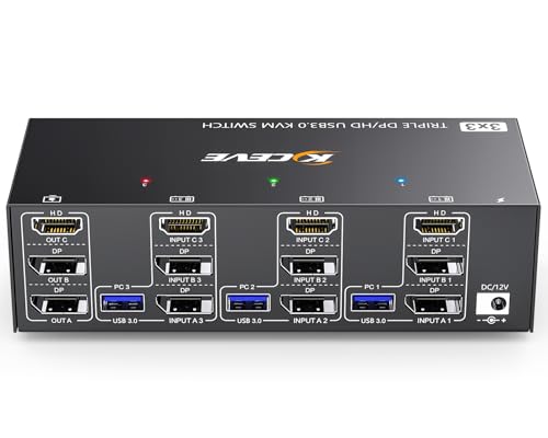 KVM Switch 3 Monitors 3 Computers 8K@60Hz 4K@144Hz, Camgeet HDMI+2 Displayport KVM Switch Triple Monitor for 3 Computer Share 3 Monitor and 4 USB3.0 Devices,Wired Remote and 12V power adapter Included