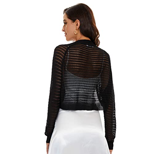 XUNZRLN Women's Long Sleeve Tie Open Front Bolero Shrug Lightweight Knit Hollow Out Cropped Cardigan