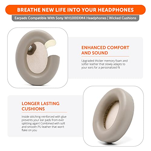 WC Wicked Cushions Extra Thick Earpads for Sony WH1000XM4 Headphones - Soft PU Leather Cushions, Luxurious Noise Isolating Memory Foam, Added Thickness Without Disabling On/Off Sensor | Beige