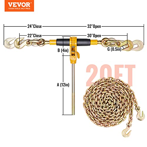 VEVOR Ratchet Chain Binder with Chain 5/16-3/8 inch, 7100 lbs Load Limit G80 Chain, Detachable Anti-Skid Handle, Tie Down Hauling Chain Binders for Flatbed Truck Trailer, 2 Set Black & Yellow