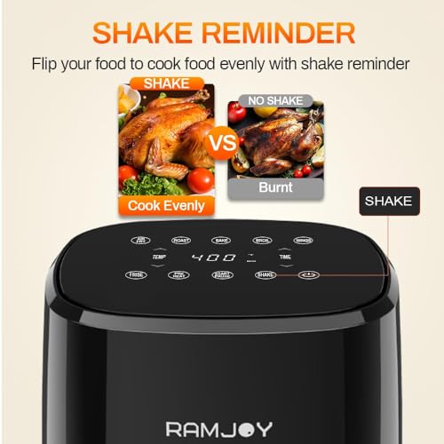 RAMJOY Air Fryer 3.8 Quarts for 1-2 people, 8-in-1 Functions, Air Fry, Roast, Bake, Broil, Preheat, Shake, Digital Small Air Fryer, Nonstick Dishwasher-Safe Basket, Compact Air Fryers, Black