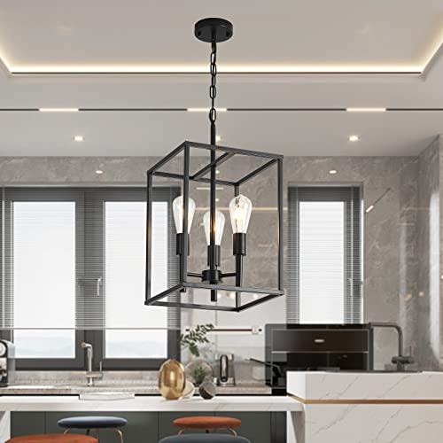 XILICON Black Classic Foyer Chandelier 3 Light Farmhouse Pendant Lighting Chandelier Light Fixtures Ceiling Hanging with Square Cage Shades Fixtures for Kitchen Dining Room Entryway