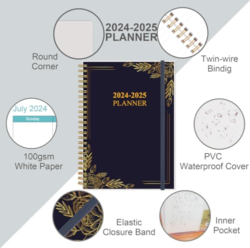 2024-2025 Planner - A5 To Do List Planner from July 2024 - June 2025, 6.4" x 8.5" with Flexible Cover, Tabs, Inner Pocket, Black Flowers