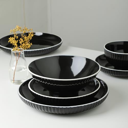 Christian Siriano Lustra Modern 16-Piece Stoneware Dinnerware Set, Plates and Bowls Set, Dinner and Salad Plates, Ramen Bowls, Dish Set for 4, Black