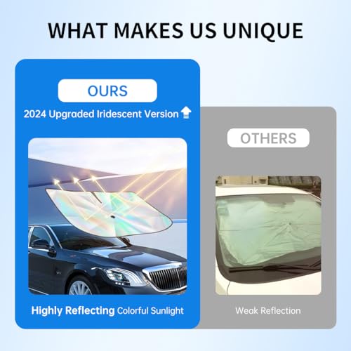 2024 Car Windshield Sun Shade, Iridescent Umbrella Car Shade Front Windshield with 360° Rotating Shaft - No Scratching, Foldable Sun Blocker for Car Windshield Fit for Sedan SUV Wagon Pickup