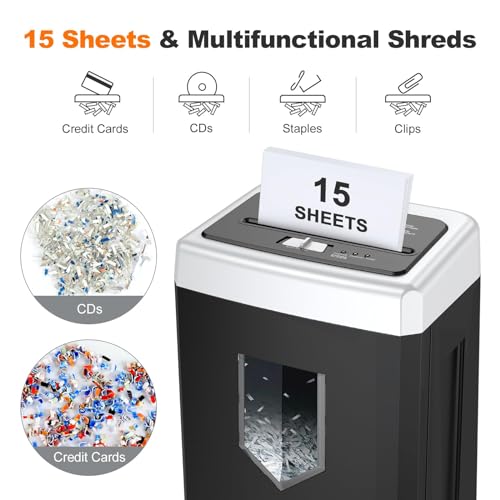 Bonsaii 15-Sheet Office Paper Shredder, 40 Mins Heavy Duty Shredder for Home Office, Crosscut Shreder with Anti-Jam System & P-4 High Security Supports CD/Credit Cards/Staple,5 Gal Pullout Bin C169-B