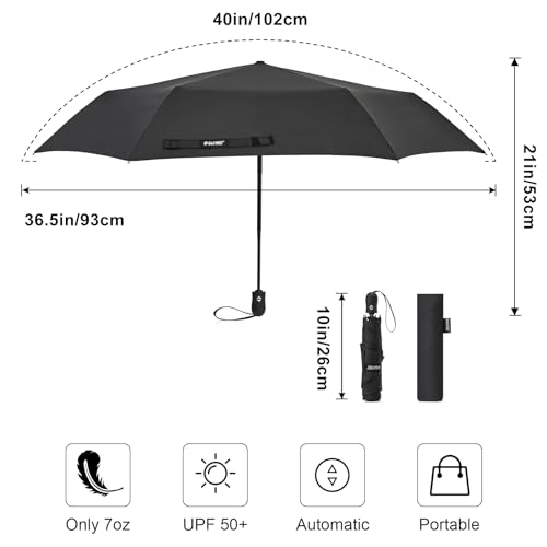 G4Free Travel Umbrella Ultralight UPF 50+ UV Protection Compact Umbrella Super Slim Small Mini Automatic Sun Umbrellas (Black)