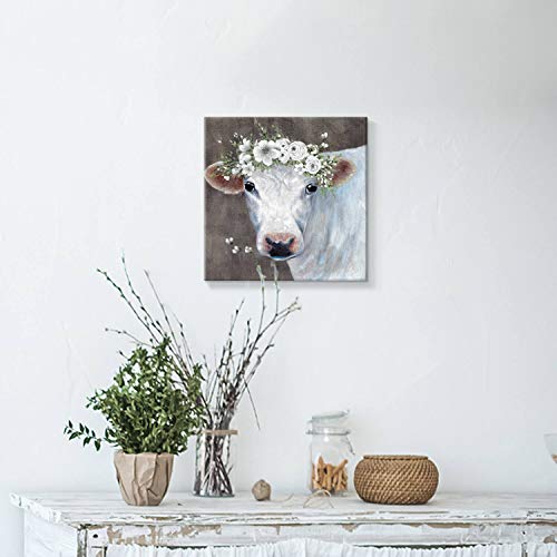 White Cow Picture Wall Art: Abstract Animal Artwork Painting on Canvas for Bathroom (12" W x 12" H, Multiple Sizes/Material)