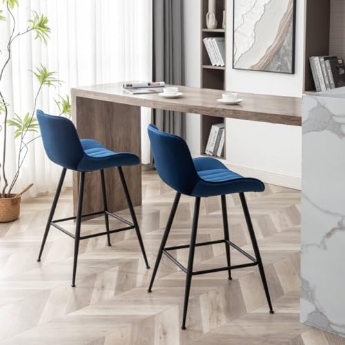Whiterye Bar Stools Set of 2 - Luxury Bar Stools Counter Height Bar Stools 24 Inch Seat Height Upholstered Velvet Barstools Blue Bar Stools for Kitchen Island, Home Bar, Bar Pub (Blue).