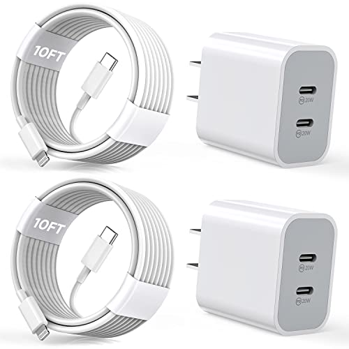 iPhone Charger [Apple Certified] 2Pack PD Dual USB C Charger Block Fast Charging Wall Charger Plug with 10FT Long Rapid Type C - Lightning Cable Apple Charger for iPhone 14/13/12/11 Pro/XS/XR/SE, iPad