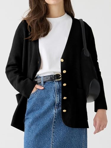 Saodimallsu Womens V Neck Cardigan Button Loose Knit Sweater Blazer Open Front Elegant Cardigans with Pockets Wine Red