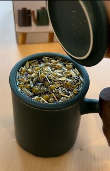 Matty's Garden Black Ceramic Coffee Mug and Tea Infuser - 12 oz with lid and steeper and wooden handle