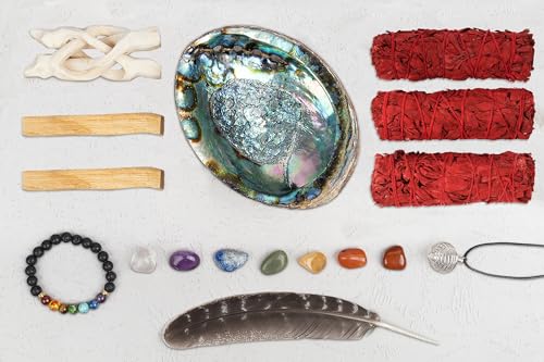 Wish Well Sage Smudge Kit - 3 Dragons Blood Sage Sticks, 2 Palo Santo Sticks, Abalone Shell, Stand, Feather, 7 Chakra Stones & Crystal Bracelet ~ Sage Incense Sticks for Cleansing House & Meditation