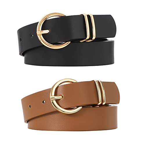 VONMELLI 2 Pack Women's Leather Belts for Jeans Dresses Fashion Gold Buckle Ladies Belt Black+Light Coffee,S