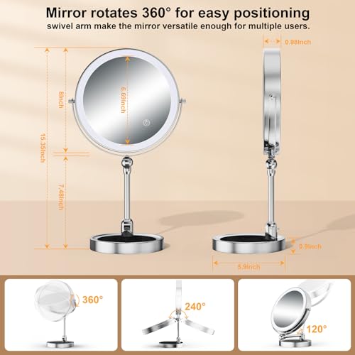 YMHSOLDR Makeup Mirror with Lights[Brightness Enhanced Version], Real 2000mah Rechargeable Double Sided 10x Magnifying Mirror with 3 Colors Table Vanity Mirror with Adjustable Height and Stand,Black