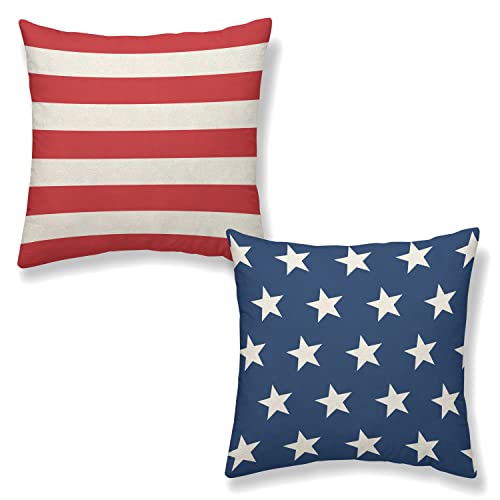 4th of July Pillow Covers 18x18 Set of 2, White Stars Blue Patriotic Decorations Throw Pillow Covers American Flag Independence Memorial Day Outdoors Decorative Cushion Case for Couch Sofa Home