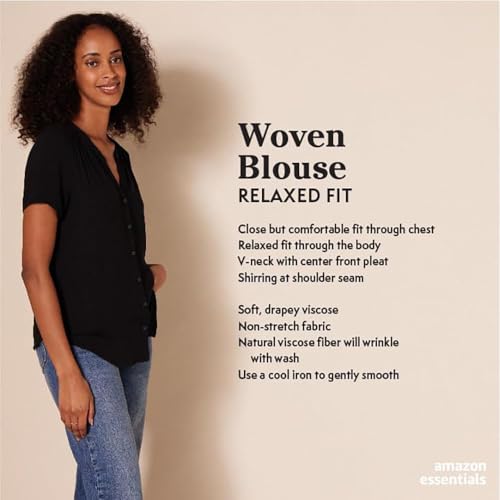 Amazon Essentials Women's Relaxed-Fit Short-Sleeve Woven Blouse, Aqua Blue Poppy, X-Small