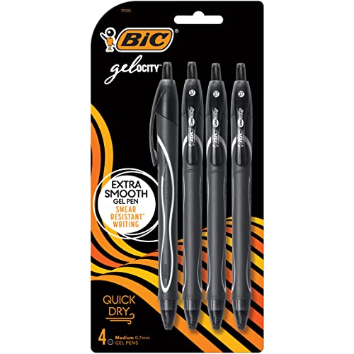 BIC Gelocity Quick Dry Black Gel Pens, Medium Point (0.7mm), 4-Count Pack, Retractable Gel Pens With Comfortable Full Grip