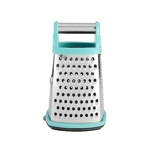 KitchenAid Gourmet 4-Sided Stainless Steel Box Grater for Fine, Medium and Coarse Grate, and Slicing, Detachable 3 Cup Storage Container and Measurment Markings, Dishwasher Safe, 10 inches tall, Aqua