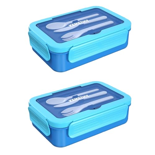 Bento Lunch Box for Kids, 4 Compartment Lunch Boxes Kids, Cutlery Storage Built-in Utensil Set, Leak-proof, Thicken, Microwave/Dishwasher/Freezer Safe, BPA-Free, Blue