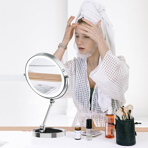 9" Large Lighted Makeup Mirror with 1X/10X Magnification, 4000mAh Rechargeable Vanity Mirror with Height Adjustable & 3 Color Dimmable Lights, 360°Swivel Double Sided Tabletop Cosmetic Mirror