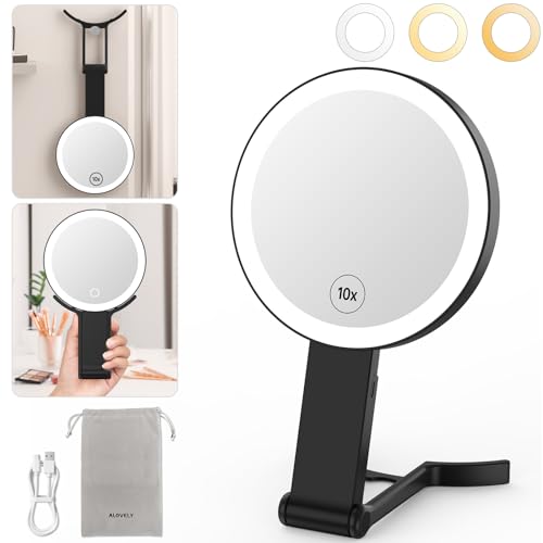 Alovely Travel Makeup Mirror with Lights, Portable Mirror 2-Sided 10X /1X Magnifying Mirror with Light, Travel Mirror with Lights and Magnification, 3 Color Lighting, Dimmable Touch Screen Handhold