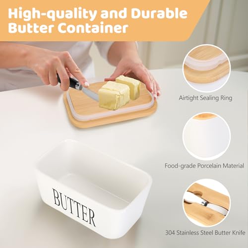 Vermida Butter Dish with Lid for Countertop, 2 Pack Ceramic Butter Container with Knife, Sturdy Butter Keeper with Bamboo Lid Holds 2 Sticks of West or East Coast Butter for Refrigerator, Black&White