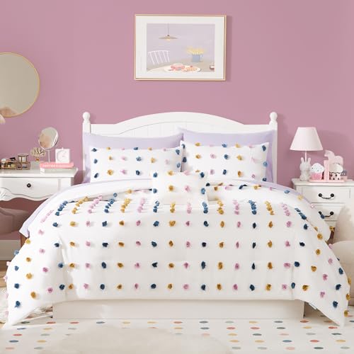 Geniospin Colored Pom Comforter Set, Bed in A Bag Twin 6 Pieces, Pom Pom Tufted Design All Season Comfortable Twin Bedding with Comforter, Suitable for College Dorm (Twin, 66 x 86 Inch)