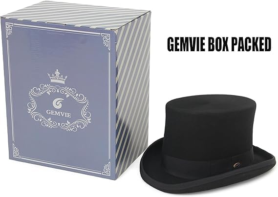 GEMVIE Men's 100% Wool Top Hat Satin Lined Party Dress Hats Derby Black Hat
