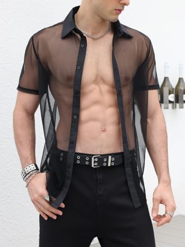 Verdusa Men's Sheer Mesh Button Up Shirt See Through Short Sleeve Top Black X-Small