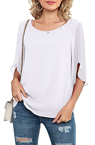 Neineiwu Women's Casual Chiffon Blouse Tops Half Ruffle Split Sleeve Shirt (White Leaves/Red M)