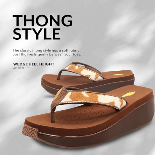 Volatile Neville Wedge Sandals for Women Featuring Soft Webbed Textile Thong Post, Padded Lining, and Slip-On Wedge Style, Tan/White/Cow - 6