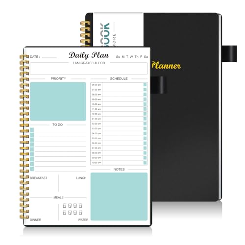 Daily Planner Undated, To Do List Notebook with Hourly Schedule Calendars Meal, Spiral Appointment Organizers Notebook for Man/Women, Pocket, Pen Loop, 160 Pages (5.5x8.5")