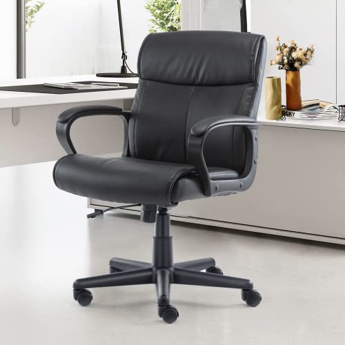 OLIXIS Executive Office Chair with Padded Armrests Mid Back Lumbar Support and Adjustable Height & Tilt Angle, PU Leather Swivel Rolling, Modern Black