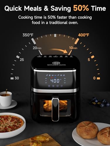 Kitchen Elite Air Fryer Oven 5.28 Qt, 7-in-1 Digital Display Compact Cooker with Easy View Windows，Space-saving, Nonstick and Dishwasher Safe Basket, Black