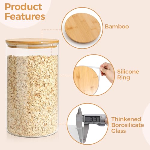 ComSaf Glass Food Storage Containers with Bamboo Lid (1.1Gallon/44oz), Glass Jar with Airtight Lid Clear Glass Food Canister Set of 2 for Dry food like Rice, Sugar, Flour, Pasta, Cereal, Beans, Nuts