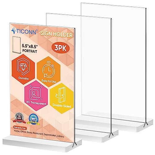 TICONN 3 Pack Acrylic Sign Holder, Double-Sided Display Stand for Countertops, Acrylic Stands for Display in Offices, Restaurants, and Events (5.5"x8.5")