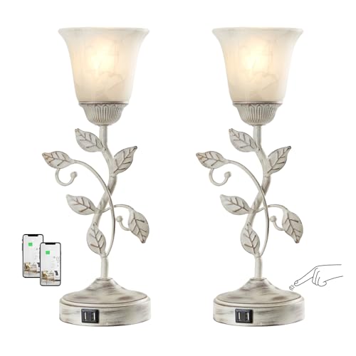 RORIANO Set of 2 Rustic Touch Table Lamps for Bedroom, 3-Way Dimmable Nightstand Flower Lamp with 2 USB Ports, Retro White Glass Shade Leaf Lamp for Living Room Entryway, 2 LED Bulb Included