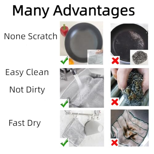 neogor Non-Scratch Wire Cleaning Dishwash Dishcloth, Kitchen Washcloths for Washing Dishes, Multipurpose Wire Dishwashing Rag for Wet and Dry(10PCS)(Double Layer), Silver