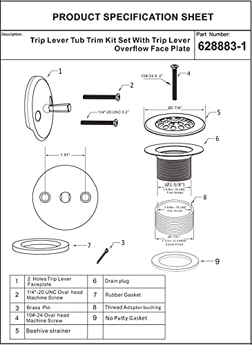 Champagne Bronze Trip Lever Tub Trim Kit Set with Trip Lever Overflow Face Plate, No Putty Gasket, Trip Lever Bathtub Drain with Strainer, Overflow and Matching Screws, No Putty Installation Artiwell