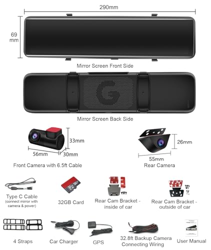 PORMIDO Mirror Dash Cam 12" with Detached Front Camera,Anti Glare Full Touch Split Screen HD 1296P,Car Backup Rear View Mirror Camera Dual Lens with Sony Sensor,Super Night Vision,Parking Assistance