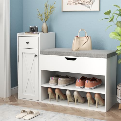 Loomie Shoe Storage Bench, 2-Tier Farmhouse Entryway Bench with Lift Top Storage Box, Drawer & Soft Removable Seat Cushion, Silm Shoe Rack with Shoe Cabinet for Entryway, Hallway, Bedroom, White