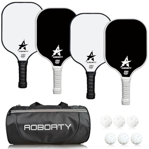 AOBORTY Pickleball Paddles 4 Pack - Light Graphite Premium Rackets Fiber Face Pickleball Set with 6 Outdoor Indoor Balls Including Portable Carry Bag