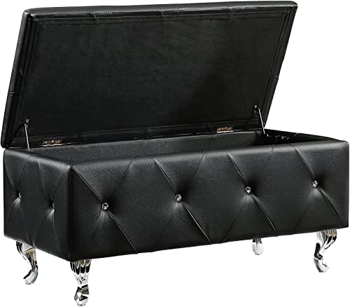 AC Pacific Glam 38 Inches Storage Ottoman Bench for Bedroom, Living Room, Entryway or Hallway, Upholstered Tufted Faux Leather Organizer, Large, Black