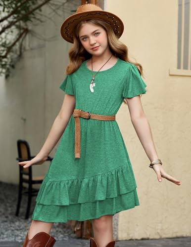 Arshiner Girl Dress Fashion Fall Swing Dresses Ruffle Midi Dresses with Belt for 5-14 Years Dark Blue